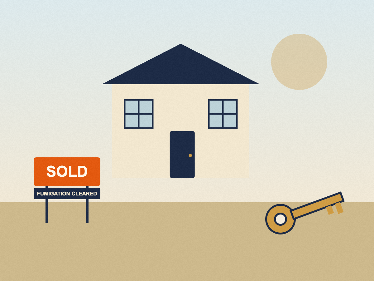 A sold San Diego home cleared after fumigation, with keys handed over