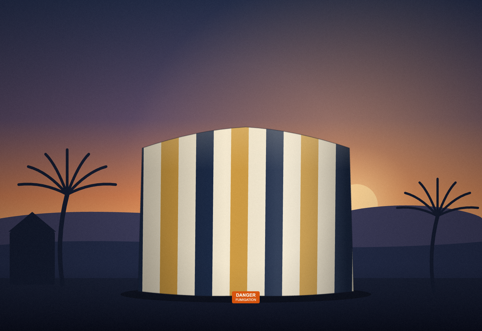 A San Diego home under a structural fumigation tent at dusk