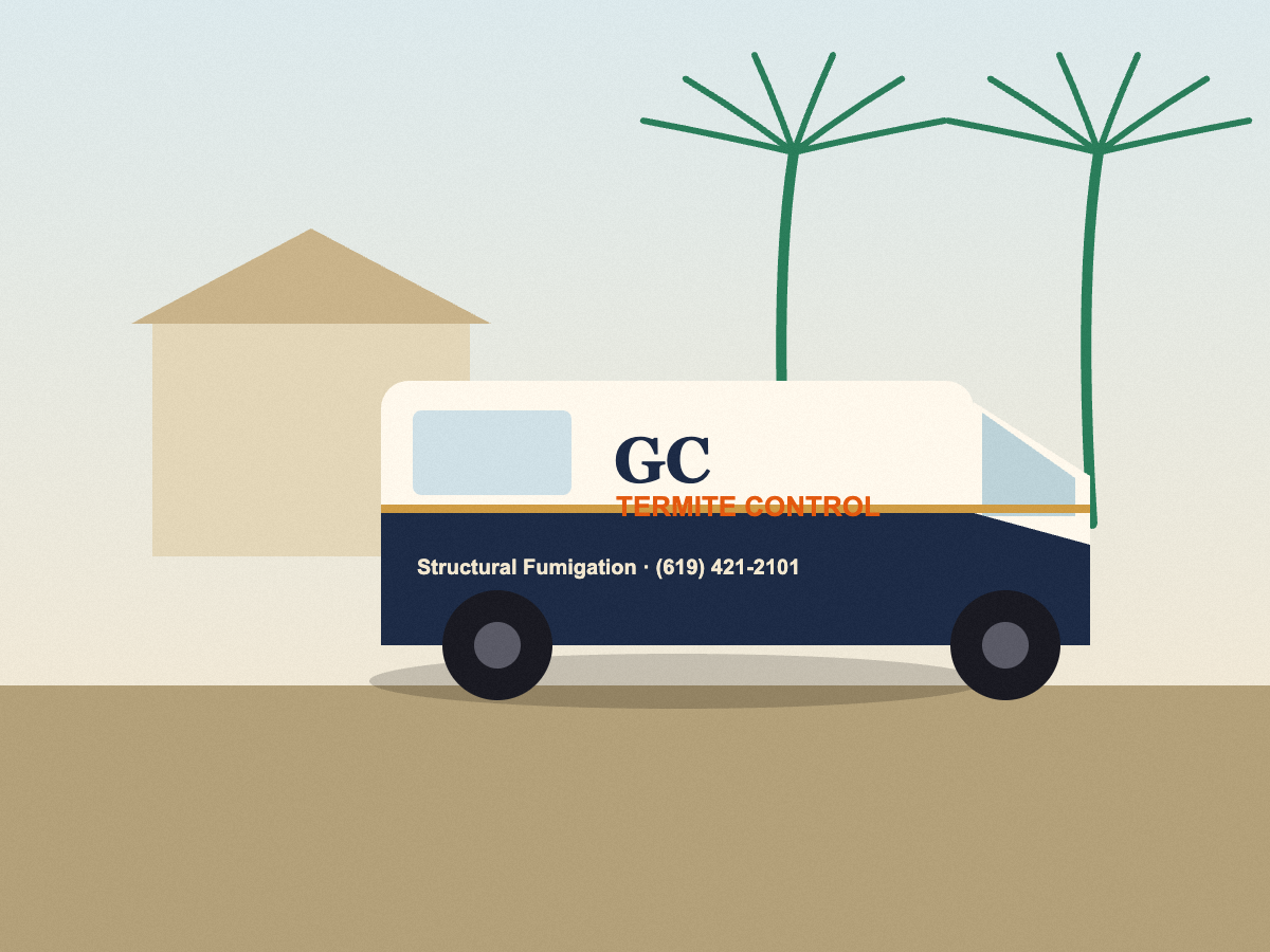 GC Termite Control service van for structural fumigation in San Diego